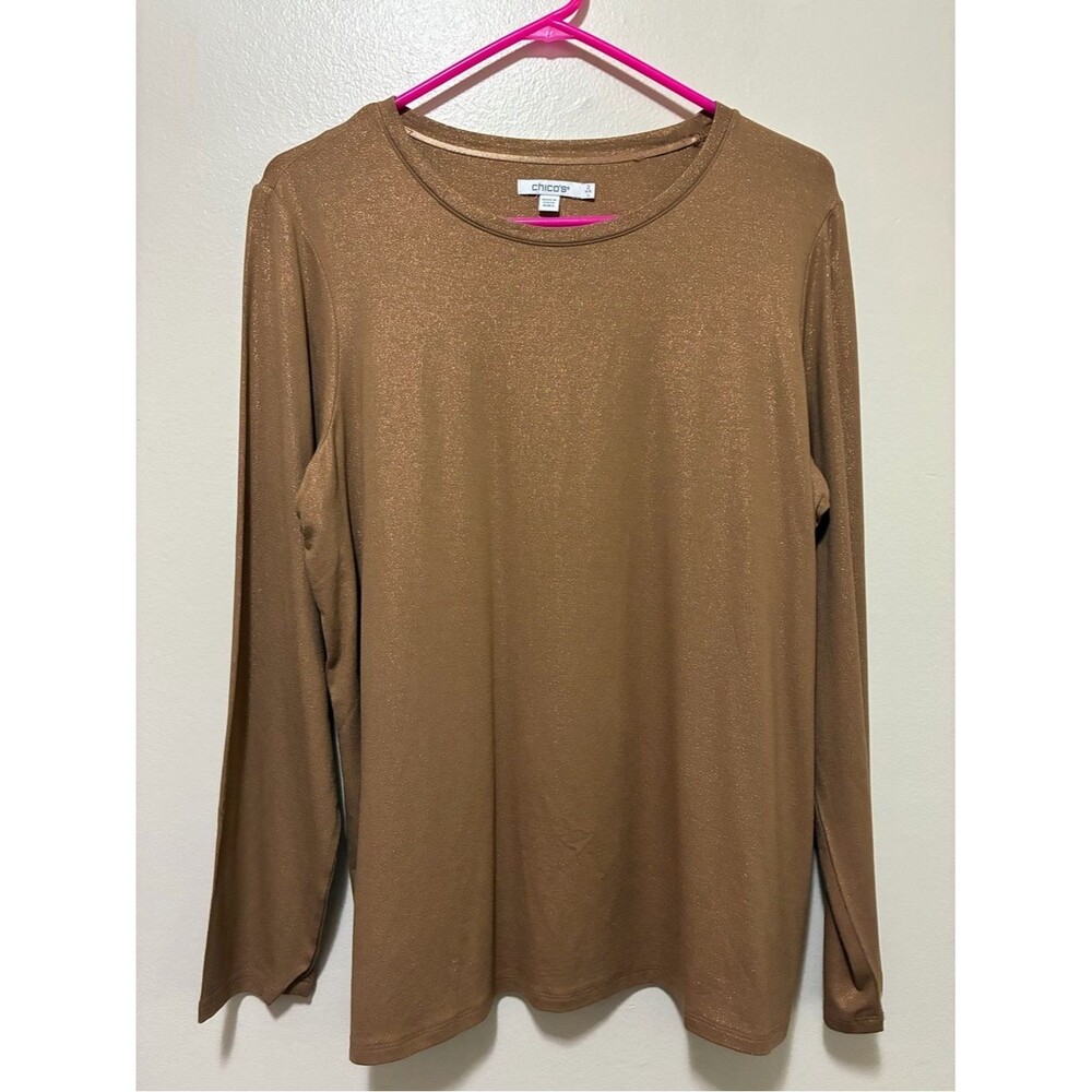Chico's Shimmery Long-Sleeve Crewneck Top in Brown size large